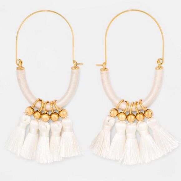 🌴 White Tassel Drop Earrings – Gold Hoop Boho Style 3.75” - Picture 1 of 8